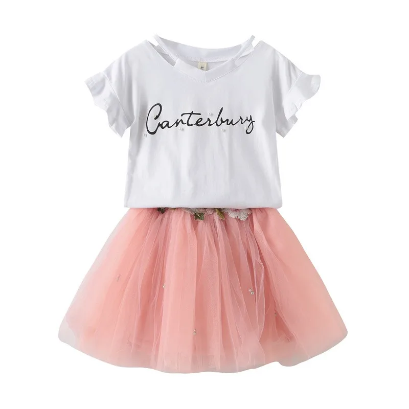 

AILEEKISS 2018 New Girls Clothing Sets Summer 2Pcs For Butterfly Sleeve Letter T-Shirt+Floral Volie Dress For Kids Girls JSB0082