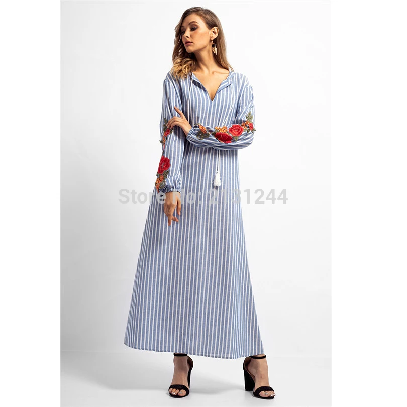

Stripe Cotton Floral Embroidery Abaya Middle East Arab Dubai Muslim Robe Maxi Dress Women Moroccan Burka Kaftan Islamic Dresses