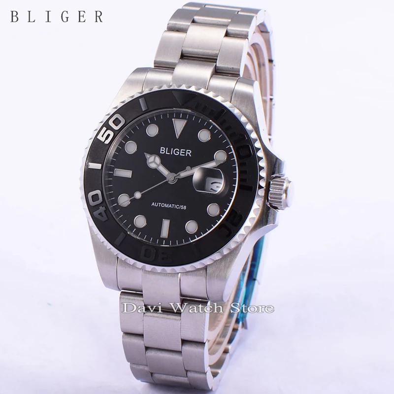 

43mm Bliger Sapphire Glass stainless steel case black Ceramic Beze black dial Luminous Automatic Date Mens Watch