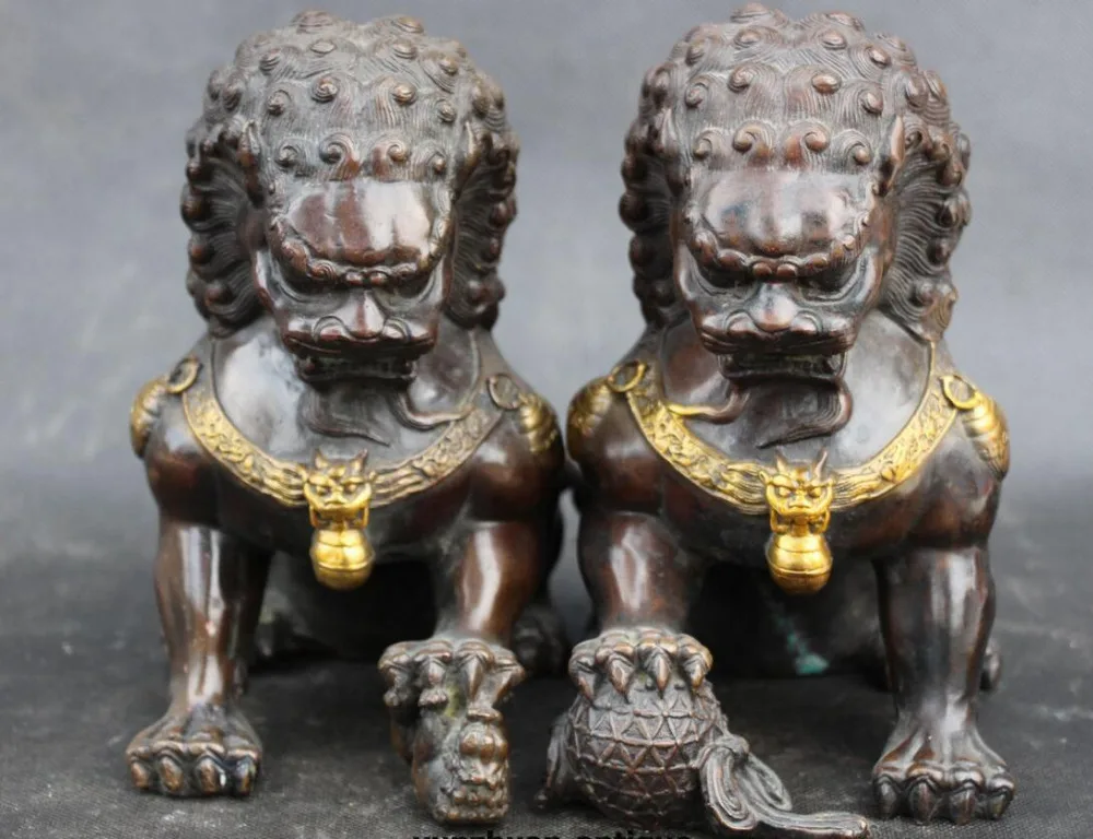 20CM Chinese Folk Bronze Gilt Feng Shui Foo Fu Dog Guardion Lion pair