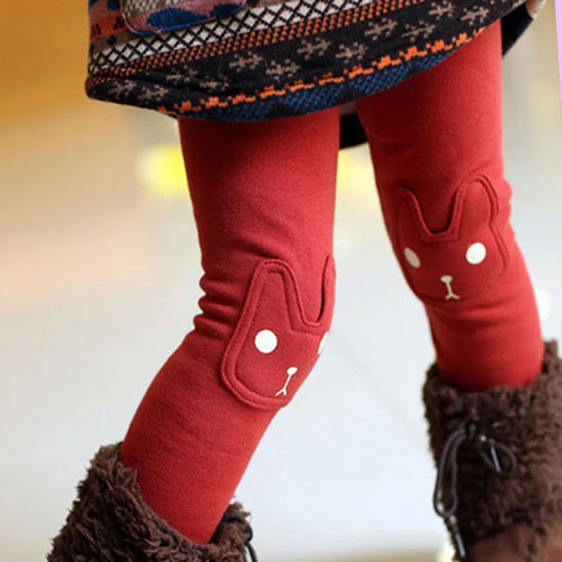 Брюки с изображением симпатичного кролика для девочек леггинсы из флюса и брюки для малышей - Цвет: Красный