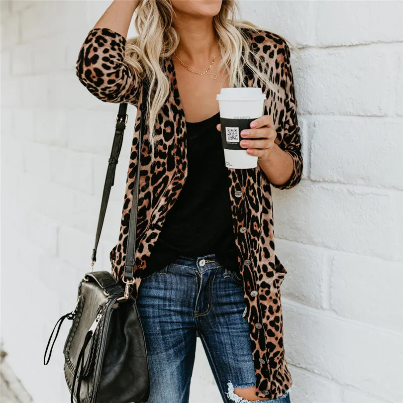  Fashion Womens Autumn Winter Casual Long Sleeve Leopard Print Fashion Coat Bllouse T-Shirt Tops Long coat New Arrival#4F01 (40)
