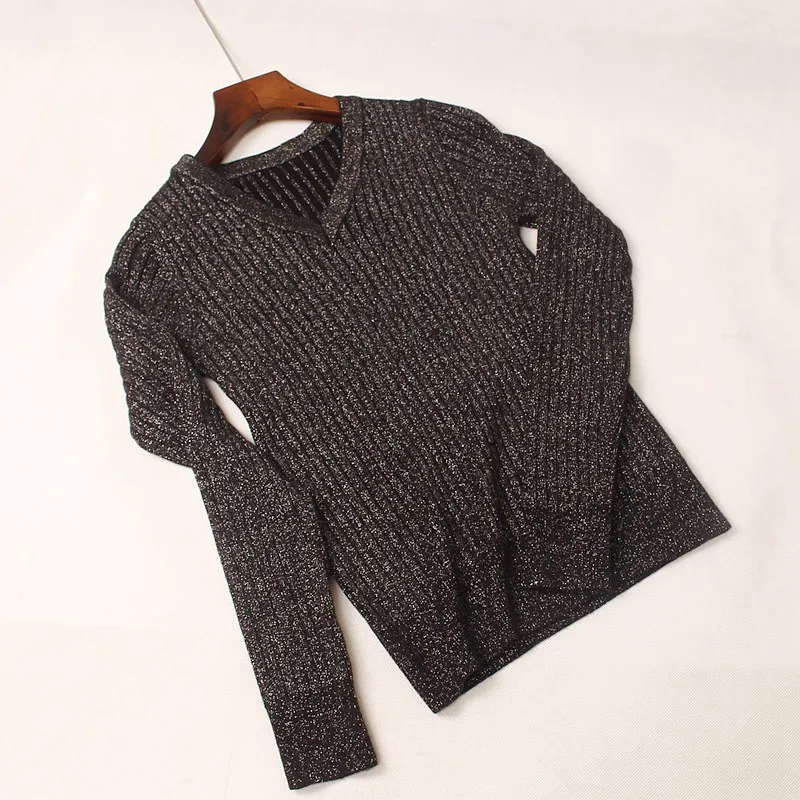GIGOGOU высококачественный толстый Блестящий Женский пуловер, свитер, ребристые вязаные топы, облегающий женский свитер с v-образным вырезом на осень и зиму - Цвет: Glitter Black