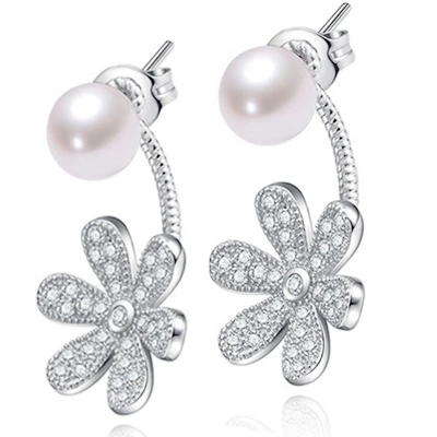 

Women Gift word 925 Sterling silver real Shipping the new flower natural freshwater pearl earrings earrings silver round S925 Ko