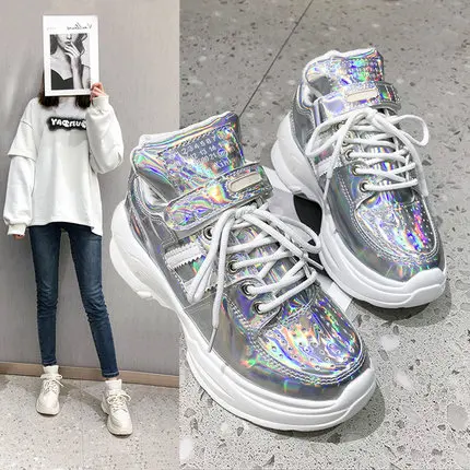 

European station laser face sequins thick bottom old shoes women 2019 spring and autumn new net red shoes ins super fire shoes