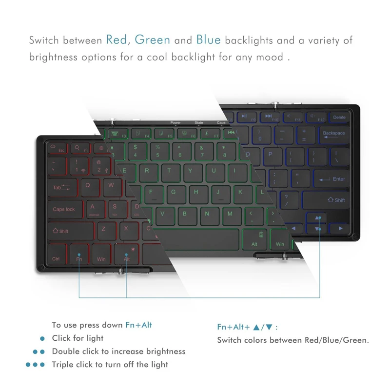  B.O.W Wireless Foldable keyboard with 3-Color Backlight Full size Tri-folding bluetooth keyboard fo