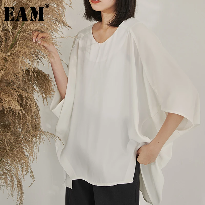 

[EAM] 2019 Spring Summer Woman Stylish White Color O-neck Half Sleeve Loose Irregular Big Size Batwing T-shirt All Match LI475