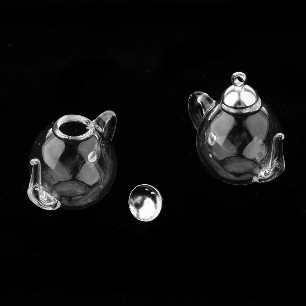 2Pcs Mini Teapot Empty Glass Wishing Cap Bottles Vial Pendant Charms Craft DIY