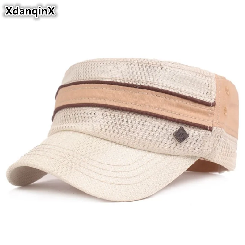 

XdanqinX Adjustable Size Men's Army Military Hats Mesh Breathable Flat Cap Stitching Retro Hip Hop Caps 2019 NEW Fashion Dad Hat