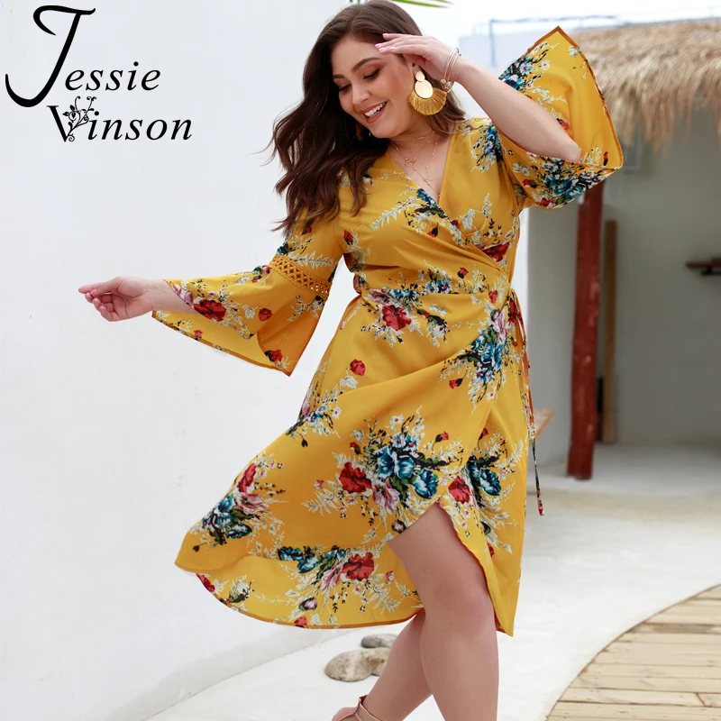 

Jessie Vinson Long Sleeve V-neck Floral Print Summer Dress Plus Size Women Flare Sleeve Hollow out Beach Wrap Dress Sundresses