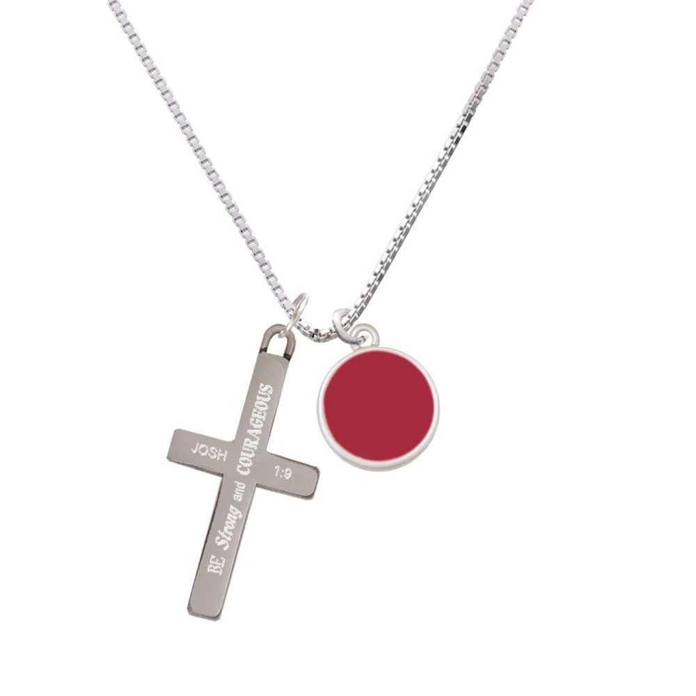 Small Maroon Enamel Disc - Strong and Courageous - Cross Necklace