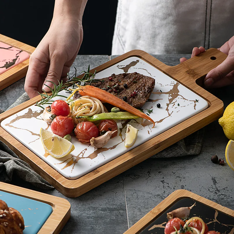

Marble Dinner Plates with Wooden Tray Nordic Food Steak Plate Salad Dish Nordic Style Home Tableware Drop Shipping