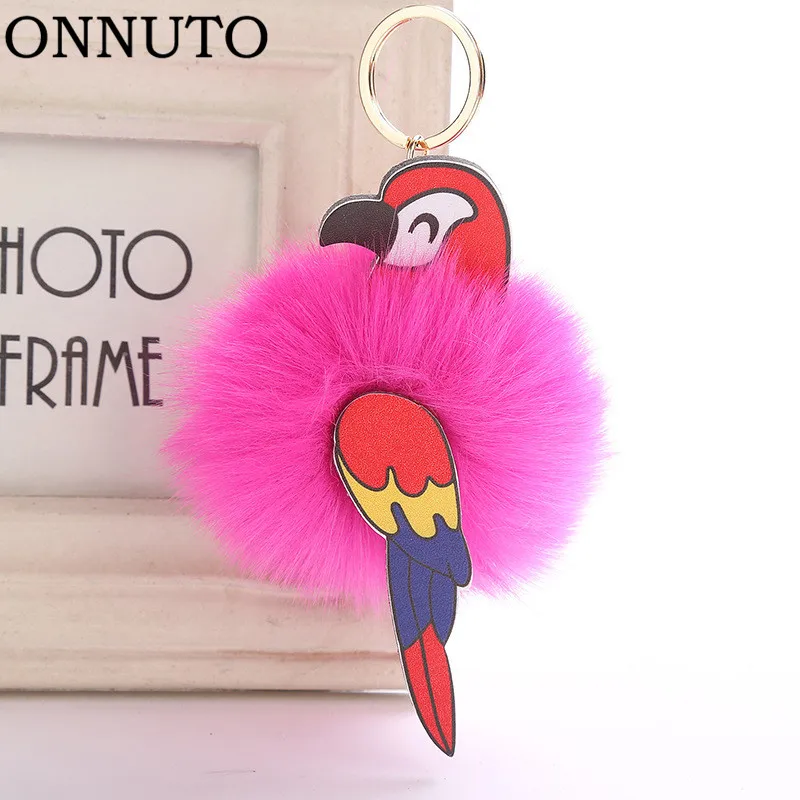 

Chic Pompom Fluffy Parrot Keychain Faux Rabbit Fur Ball Animal Birds Keychain Pom pom Keyring Bag Purse Car Pendant Keyring