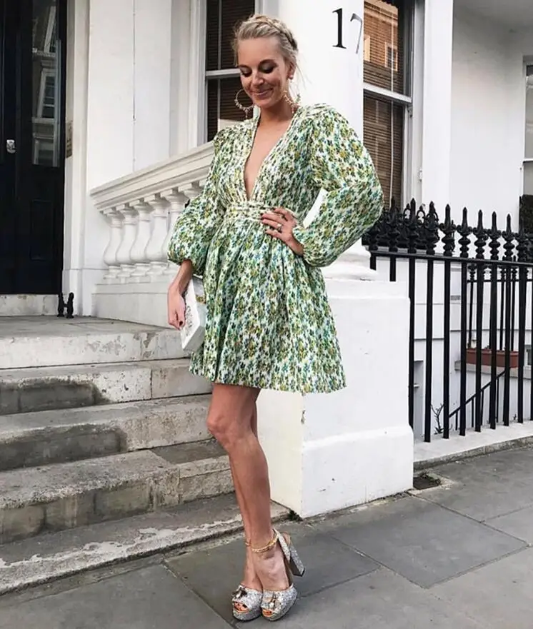 

High Quality Green Long Sleeve V-neck Aline Dress Fashion Cute Dress
