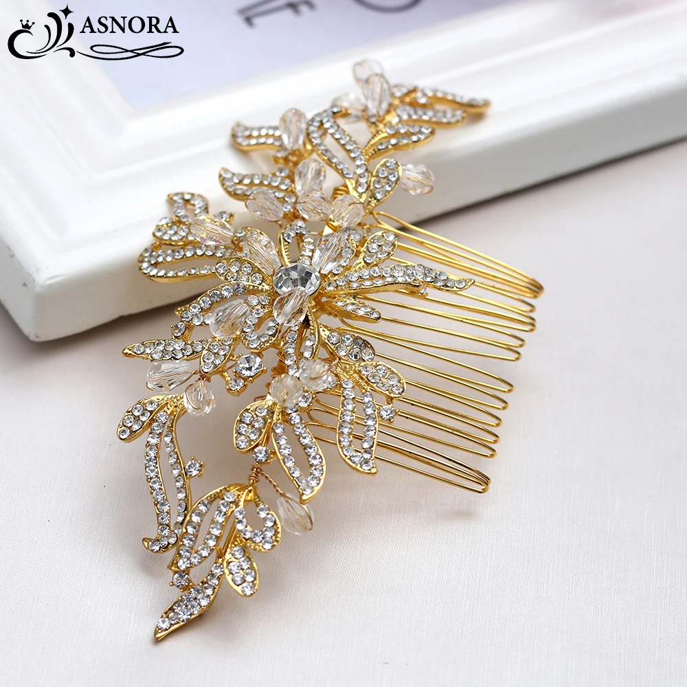 

ASNORA Graceful Gold Bridal Hair Combs with Crystals Shiny Beads Hairpins for Brides Wedding Hair Accessories Headdress