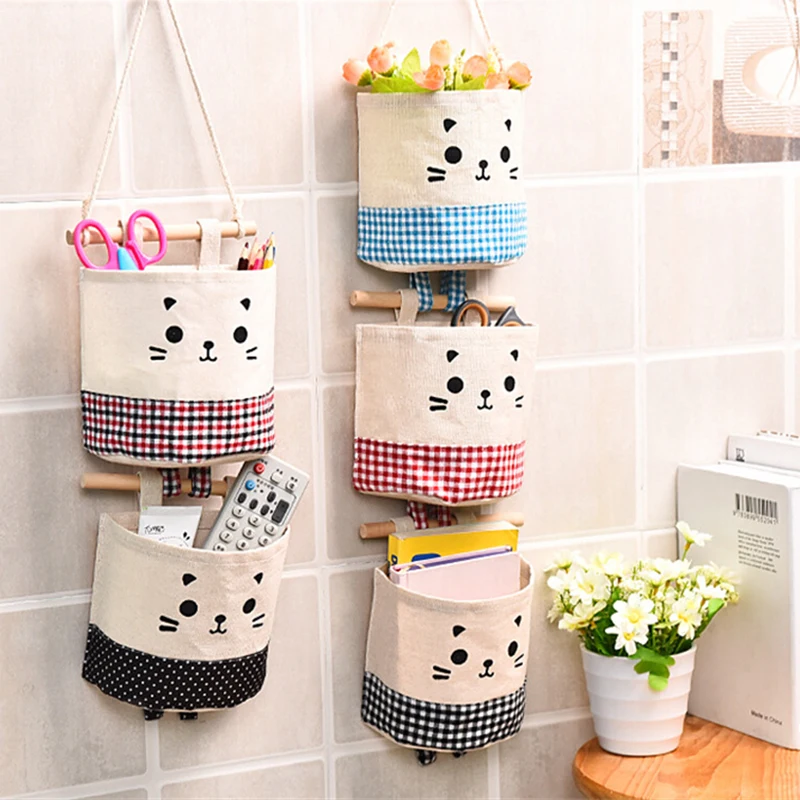 Cute Cat Cotton Linen Storage Bag Sundries Organizer Hanger Bag Door Wall Closet Hanging Pocket Pouch