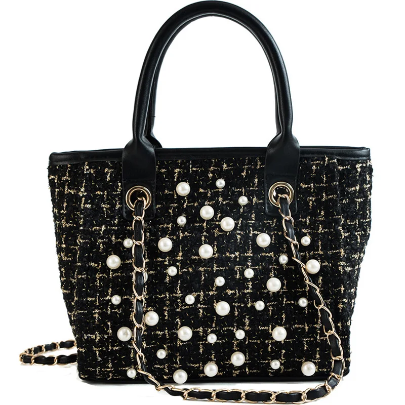 

Big bag woman 2018 autumn and winter new lady single shoulder bag pearl decoration handbag trendy coarse woolen bag
