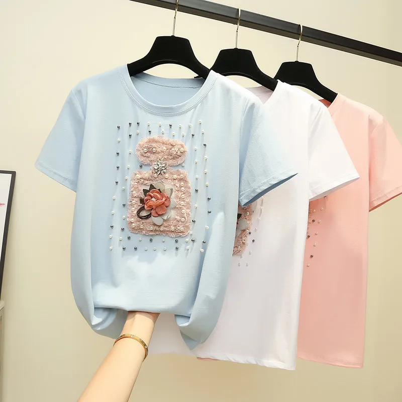 

2019 summer hand flower adornment stereoscopic round collar short sleeve T-shirt coat tide female leisure joker