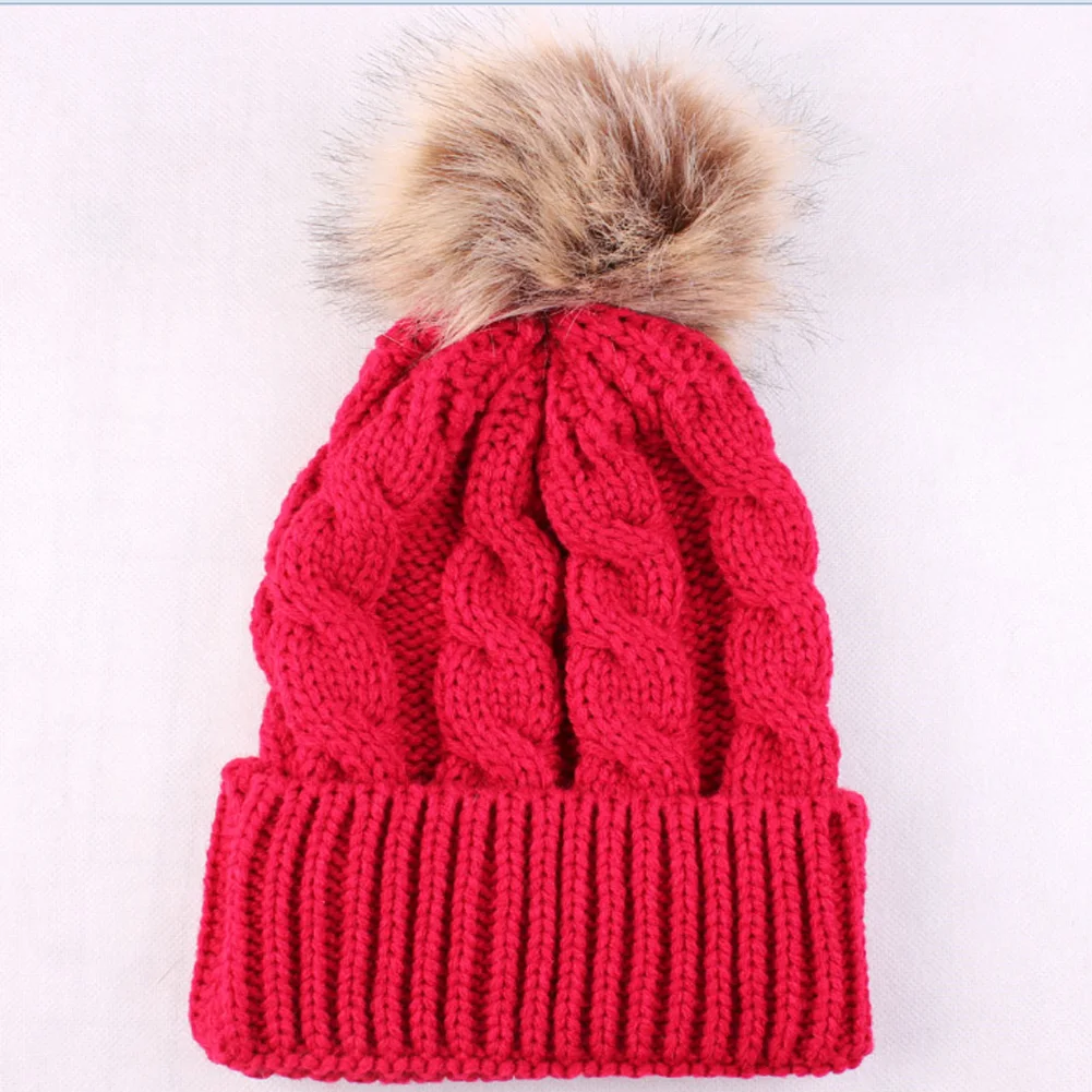 

AU Women Mom Baby Girls Boys Knit Wool Pom Bobble Hat Winter Warm Beanie Caps