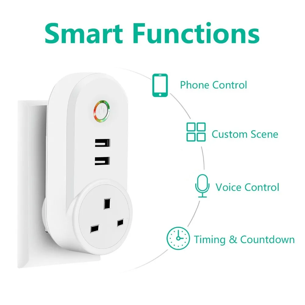 Умная розетка Великобритании с 2 USB зарядным устройством, Wi-Fi, управление таймером, функция голосового управления Alexa Echo и Google Home IFTTT