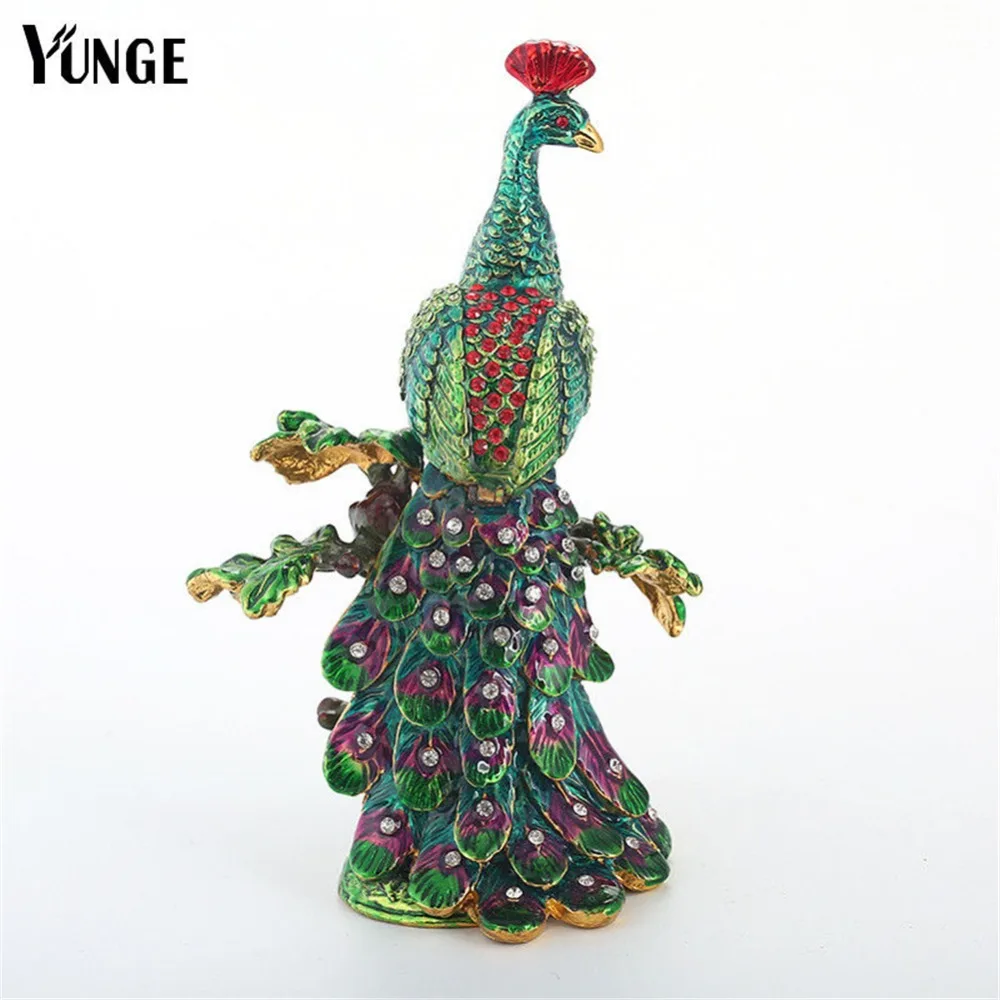 Goedkoop Handgemaakte Pauw Jeweled Trinket Doos Figurine Home Decoratie Kerst Cadeau Metalen Ambachten Luxe Rhinestone Enamel Tinnen Dozen