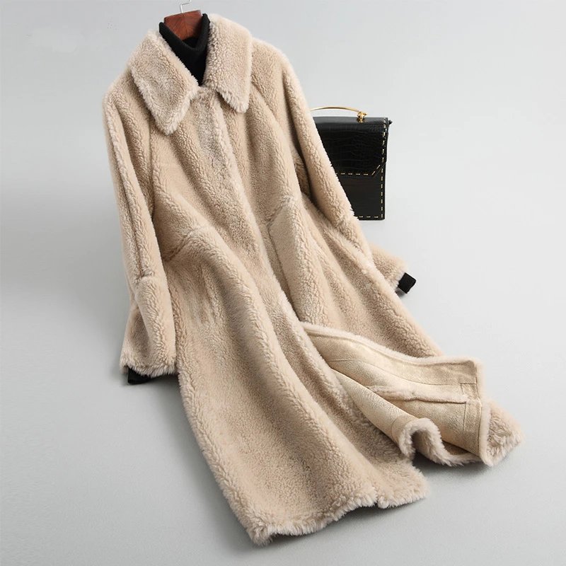 AYUNSUE, корейское пальто с натуральным мехом, зимнее пальто, женская одежда,, элегантная женская мода, теплая Длинная шерстяная куртка Hiver, пальто 19019 - Цвет: Camel