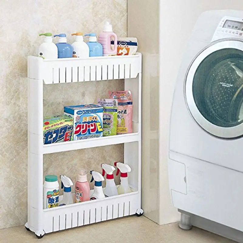 

3 Tier Slide Out Storage Tower in Bathroom With Wheels