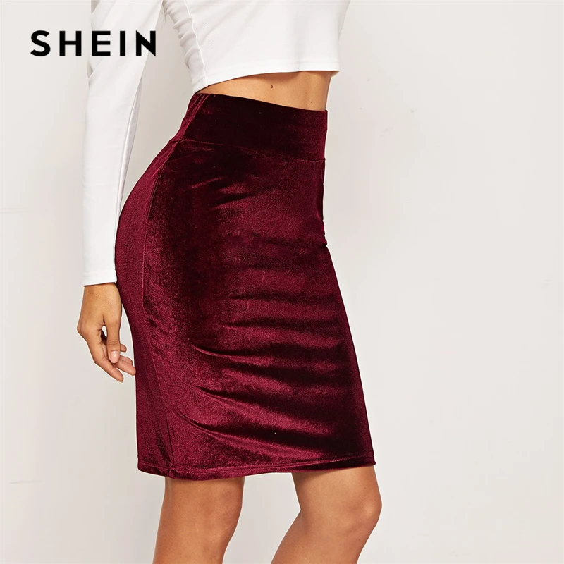 

SHEIN Burgundy Office Lady Wide Waistband Velvet High Waist Plain Bodycon Skirt Autumn Workwear Modern Lady Women Skirts
