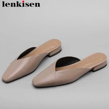 

Lenkisen new arrival cow leather slip on mules genuine leather low heels Hollywood movie stars square toe slingback pumps L22
