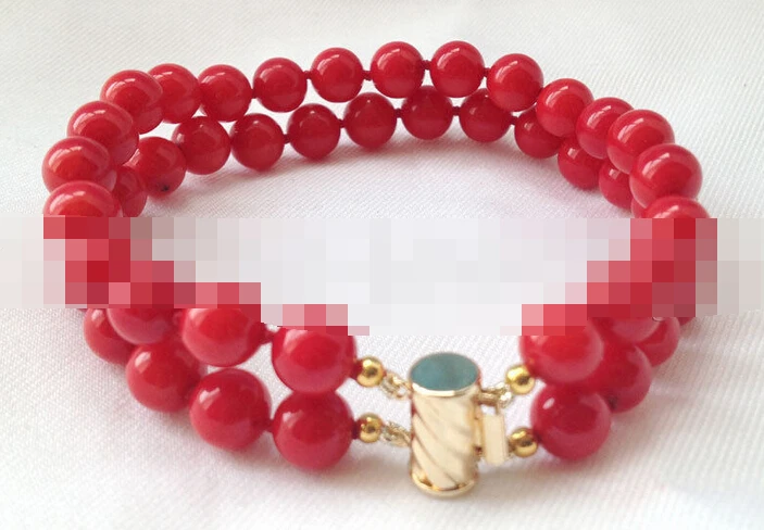 

FREE SHIPPING>>>@@ > 00895 2row round red coral bracelet gold filled clasp