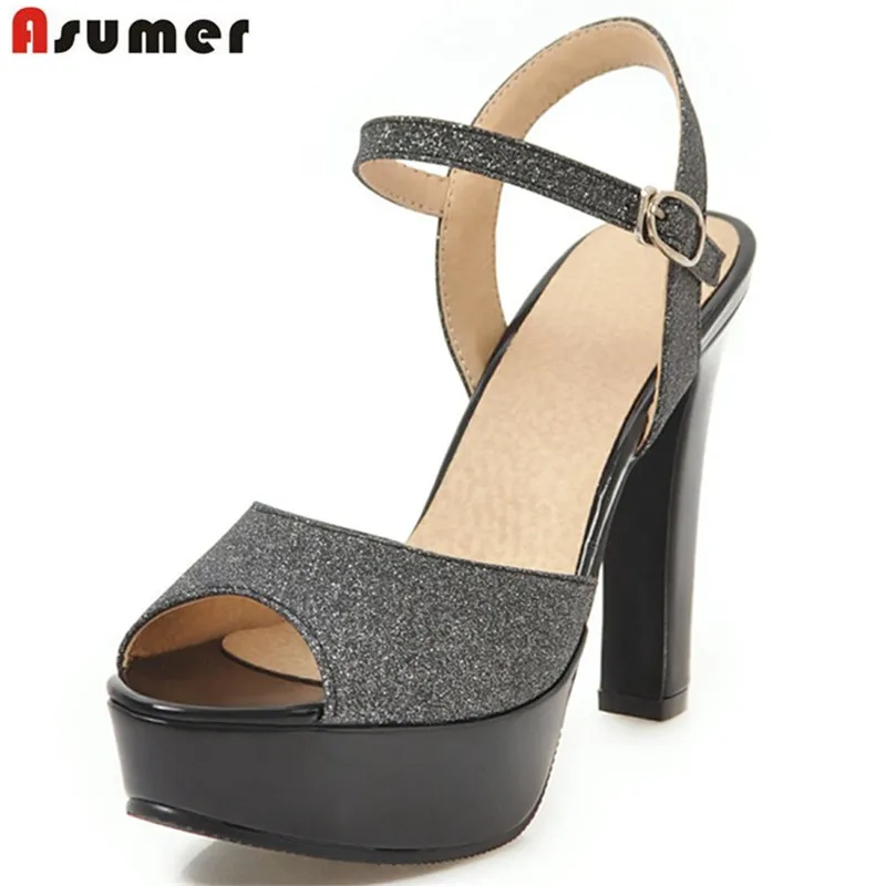 

ASUMER 2020 black white fashion summer shoes woman peep toe buckle elegant prom wedding shoes high heels sandals women big size
