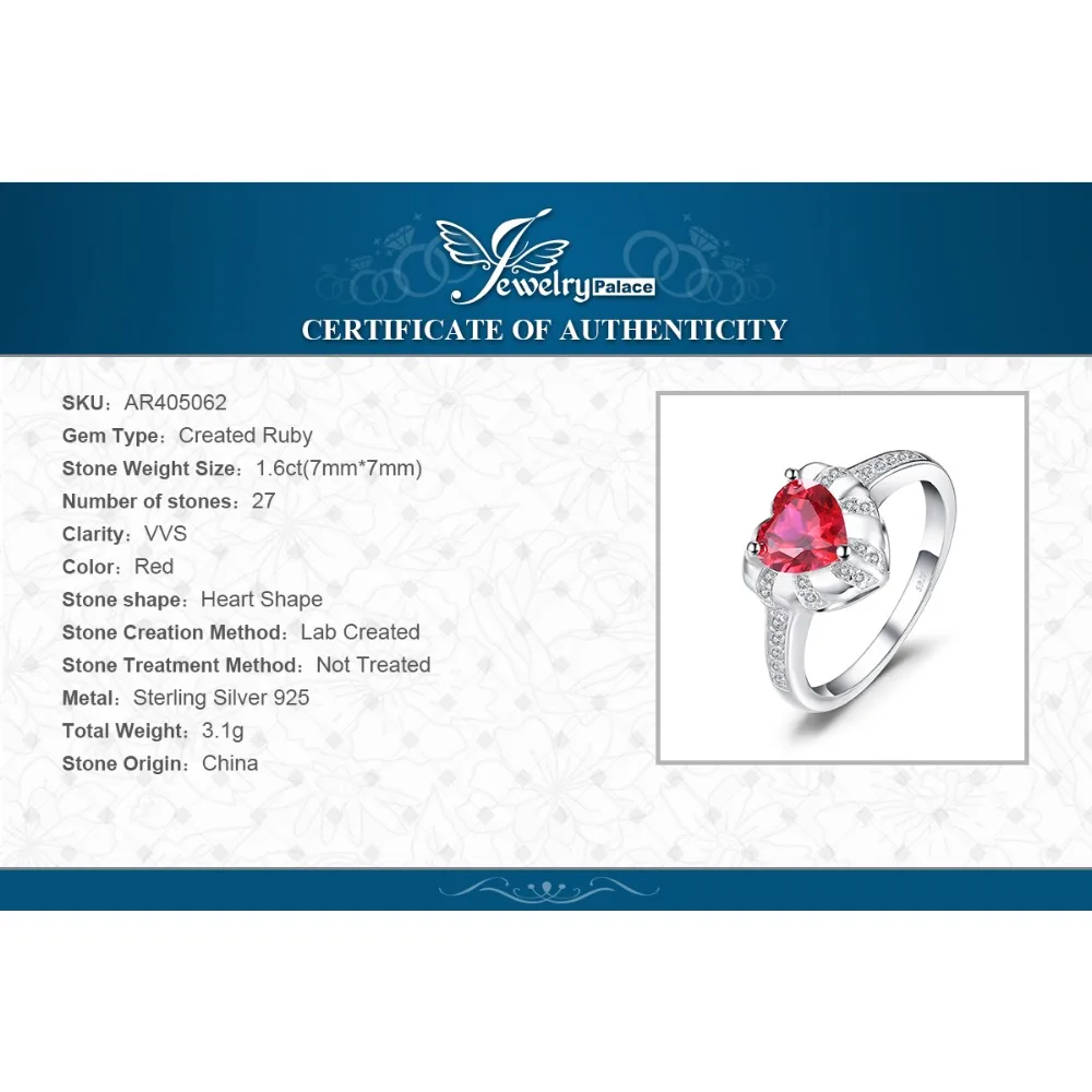 Jewelrypalace сердце любовь 1.86ct создан красный рубин Обручальные кольца для Для женщин Талисманы 925 серебро Мода г. Красивые ювелирные изделия