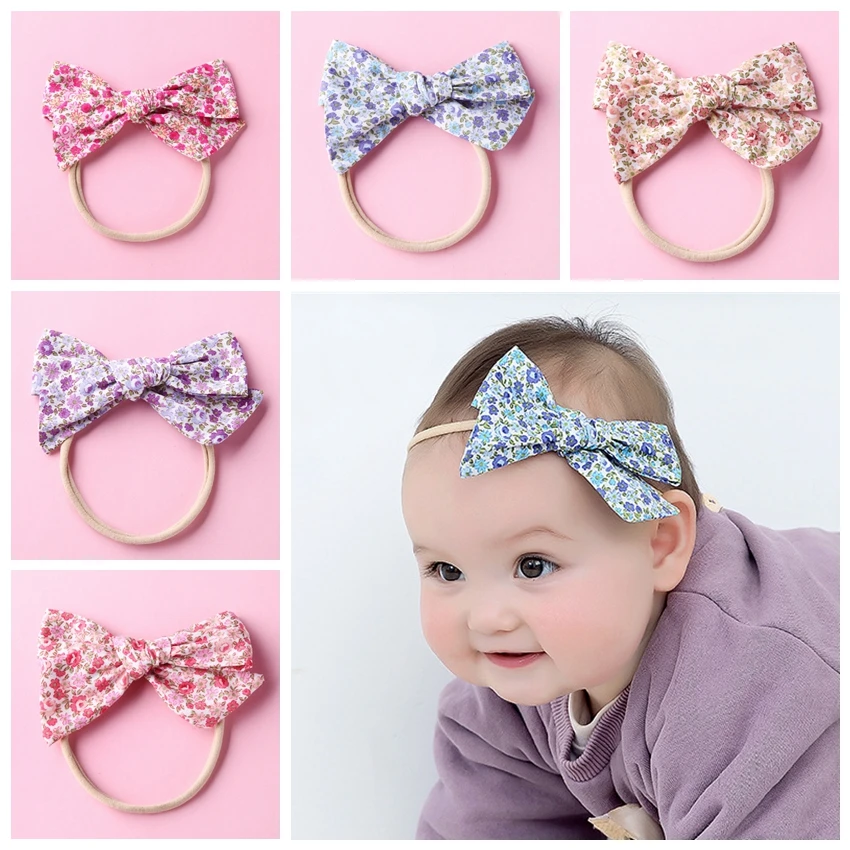 Big Floral Bow Nylon Headbands, School Girl Floral Bow Headband, Handtied Fabric Hair Bows Baby