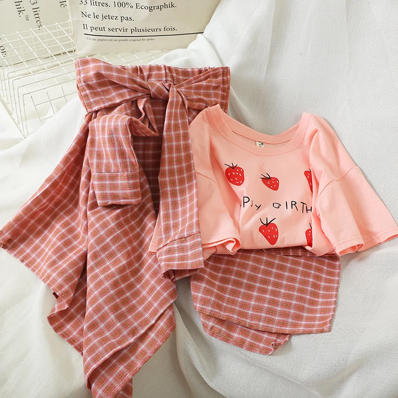 

Japanese Lolita Dress Cosplay Sweet Strawberry T-shirt and Checked half-length Skirt Two-piece Suite Fashion Girls Princess Sets