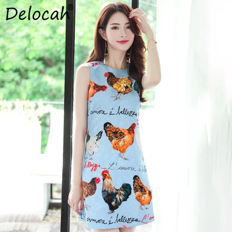 

Delocah Fashion Designer Summer Dress Women Sleeveless Tank Blue Letter Animal Printed Sequin Casual Mini Dress vestidos verano