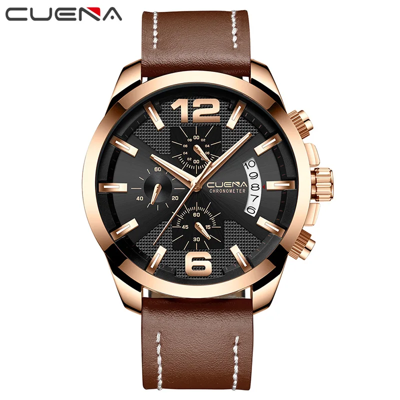 CUENA Quartz Watches Men Stopwatch Luminous Hands Genuine Leather Strap 30M Waterproof Sport Clock Men's Wristwatch Male Clock CUENA Quartz Watches Men Stopwatch Luminous Hands Genuine Leather Strap 30M Waterproof Sport Clock Men's Wristwatch Male Clock