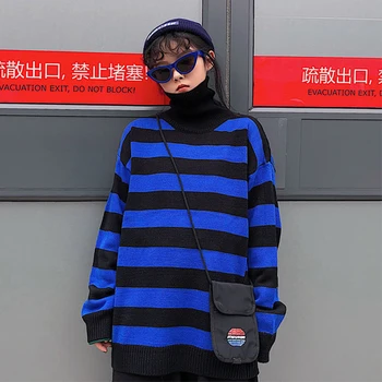 

2019 Autumn Winter Harajuku color stripe knitted sweater same lazy breeze loose oversize sweaters male Female Style trend cc239