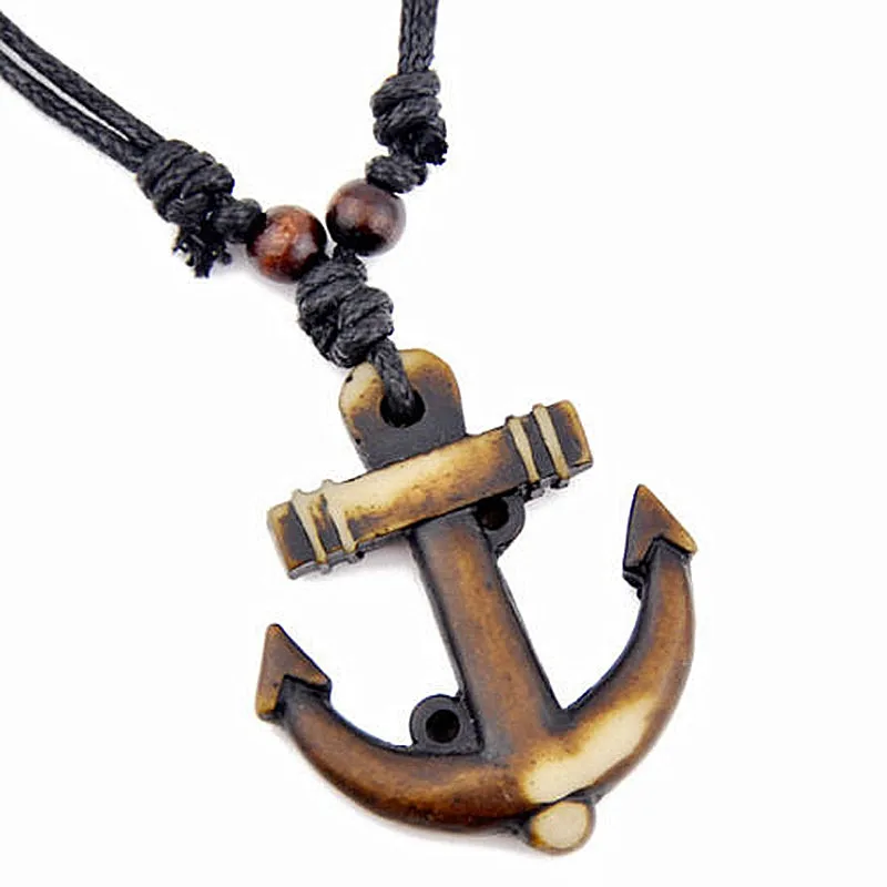 

Cool Navy Style Yak Bone Carved Anchor Pendant Necklace Choker for Men Women's Sailor Fashion Jewelry MN521