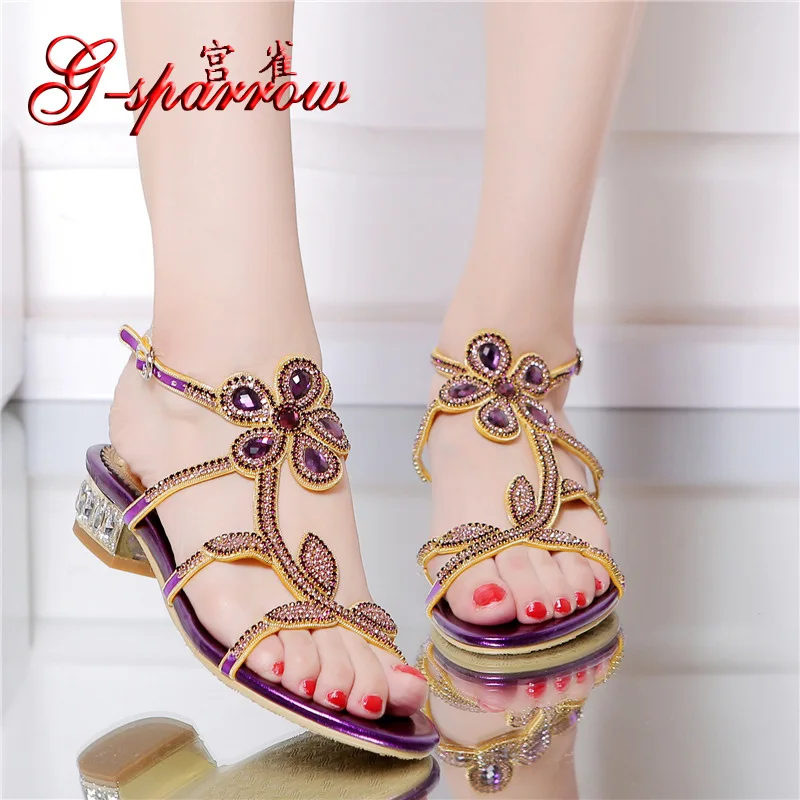 2018 New Elegant Casual Purple High Heel Large Size Summer Shoes Prom Diamond Flat Sandals For Wedding Dress