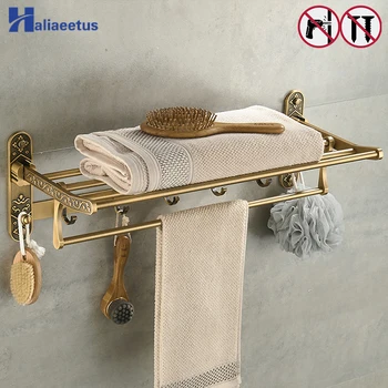 

Nail Free Foldable Antique Brass Bath Towel Rack Active Bathroom Towel Holder Double Towel Shelf With Hooks Bathroom Accessories