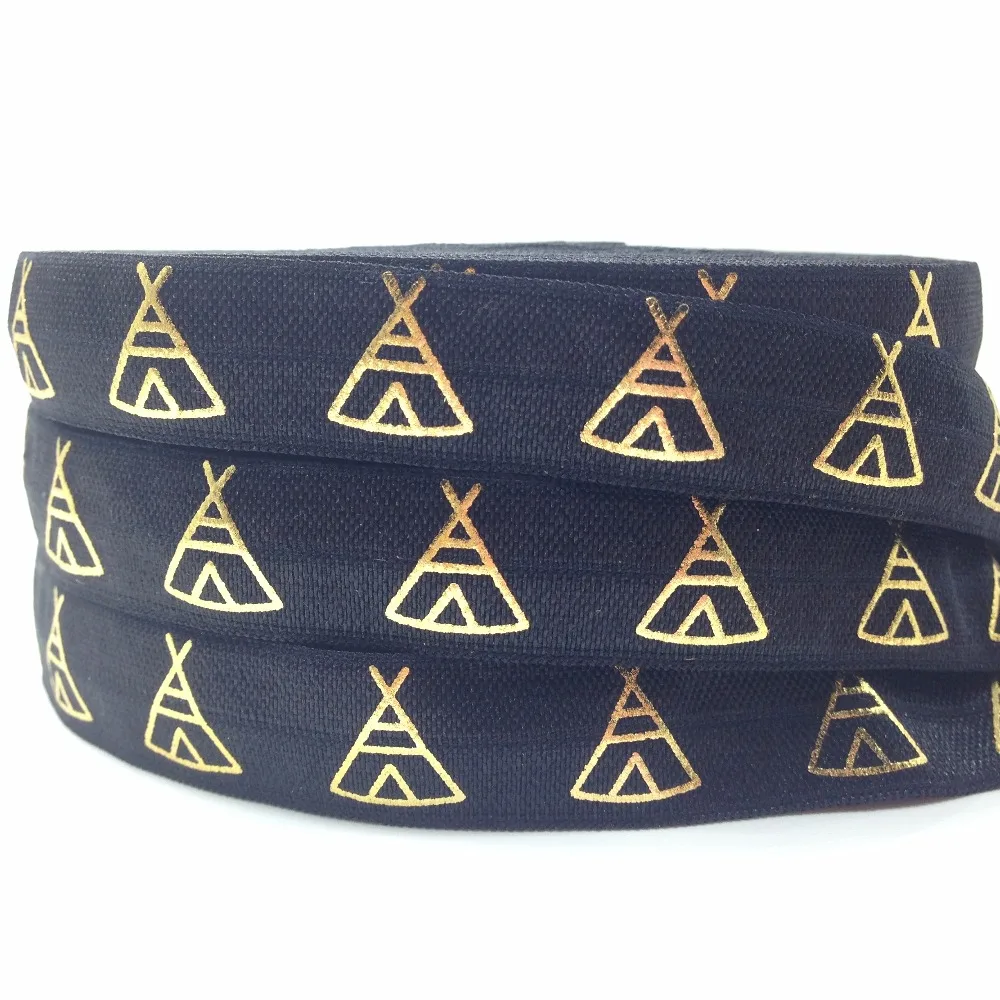 

High Quality Gold Foil Tepee Print Fold Over Elastic 10 yards/lot 5/8" Teepee Print FOE Ribbon for DIY Headwear Hair Accessories