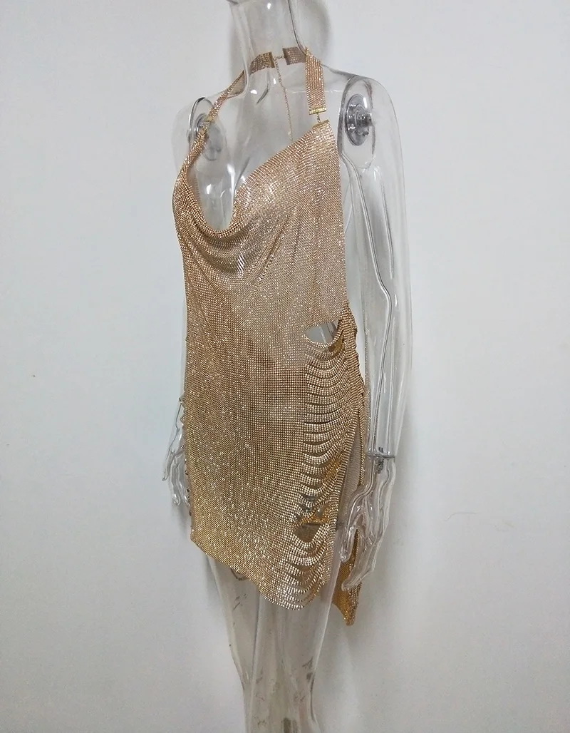 Beyprern Роскошные вечерние платья с металлическими бриллиантами и кристаллами, блестящее женское сексуальное платье с открытой спиной, с вырезами, с кисточками, детали для ночного клуба, новогоднее платье