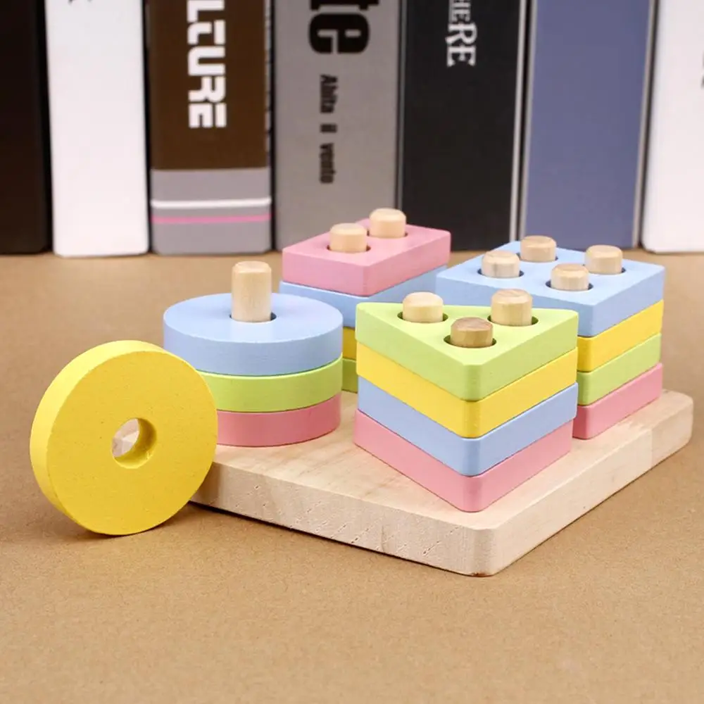 

Baby Kids Blocks Sets Rainbow Wooden 4 Column Educational Geometric Shape Matching Wood Stacking Toys for Children gifts