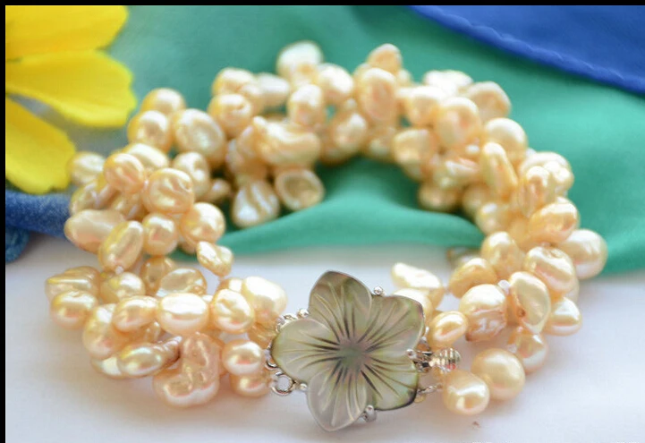 

shipping4strands 9mm yellow lamina BAROQUE KESHI REBORN PEARL bracelet 8inch (Z6443) 5.25