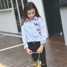 2016 Autumn Blue Striped Emboriery Heart Blouse for Teens Girls Tops Korean Style 5 6 7 8 9 10 11 12 13 14 T Years Old Kids Top