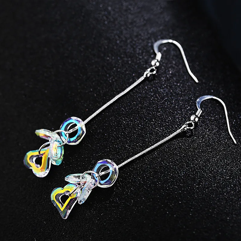 

Bohemia Crystal Anti-allergy Earrings Female AB Color Long Tassel Small Loop Heart Shape Hook Earring Jewelry For Women Gift
