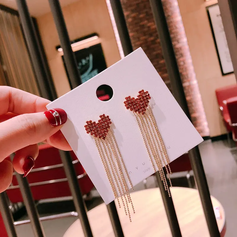 

High Quality Full Red Rhinestone Heart Earring Women Party Long Tassel Gorgeous Earrings