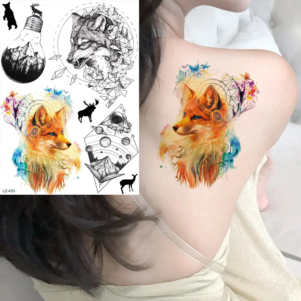 Водостойкие тату наклейки Flash Fox Neck Ловец снов геометрический волк Мужская