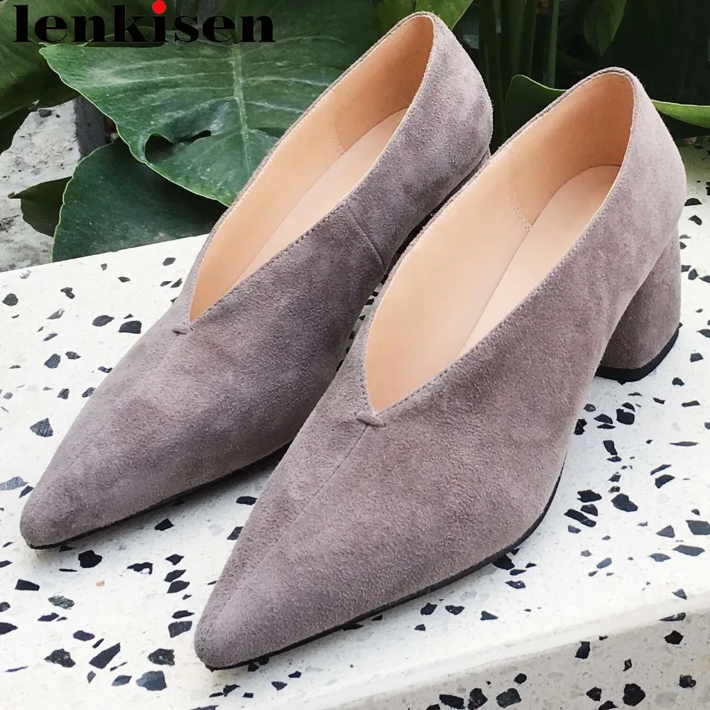 

Lenkisen elegant lady thick med heels slip on pumps oxford pointed toe natural leather pumps office lady dress career shoes L50