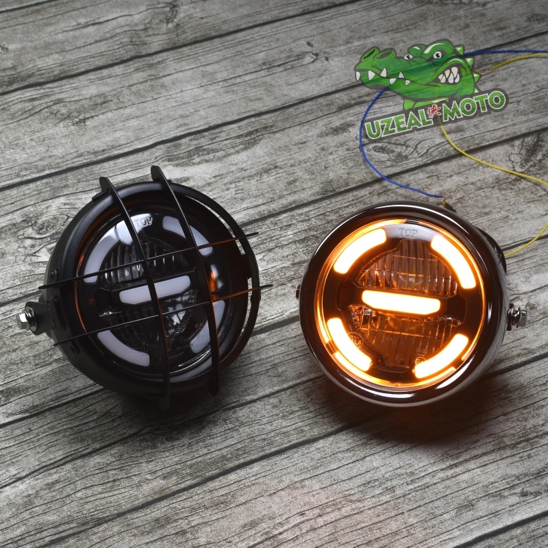 6.5inch universal Retro motorcycle modification LED headlight lamp with Guard Cover yellow driving light GN125 250